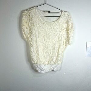 Romantic White Lace Overlay Blouse Satin Ruched Hem Love J Size Med Dressy